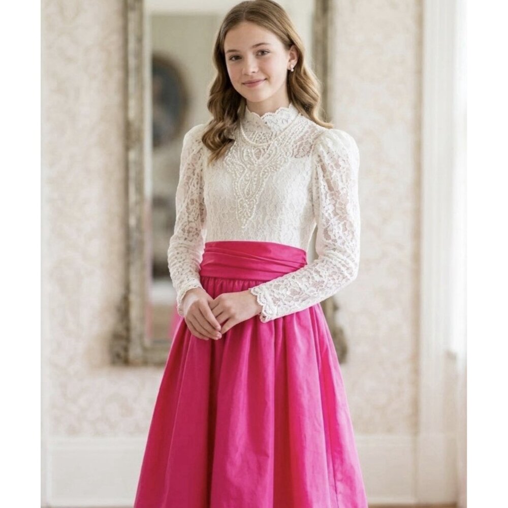 Vintage Dorissa International Nicole Dress Lace Pearls Taffeta Party Hot Pink 14